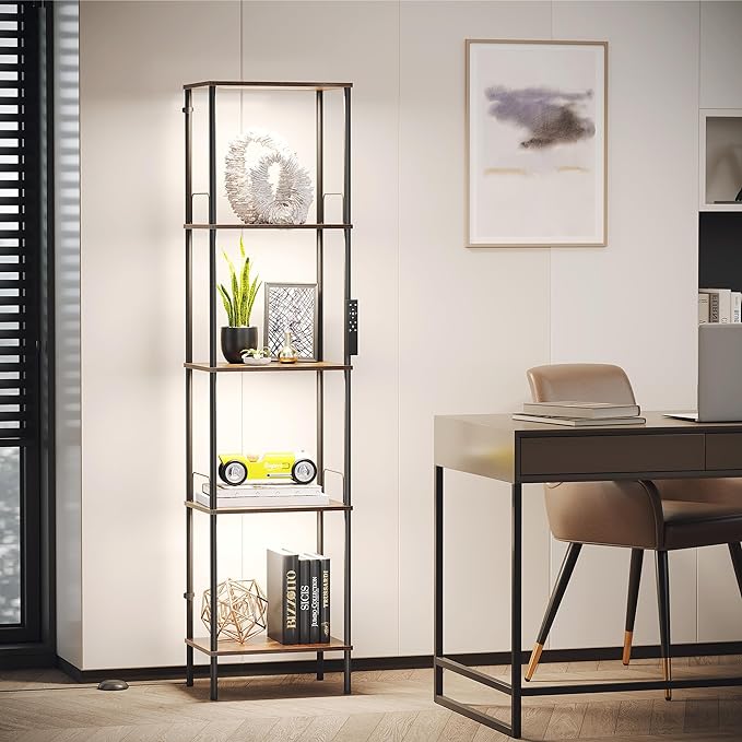 SUNMORY Display Shelf with Dimmable Lights, Lighted Display Cases for Collectibles, Adjustable Color Temperature and Brightness, Display Cabinet, Floor Lamp with Shelves, Home Decor, Rustic Brown - LeafyLoom