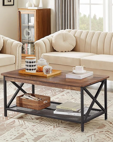 VECELO Coffee Center Table with Storage Shelf for Living Room Office Reception, Rectangle, Brown - LeafyLoom