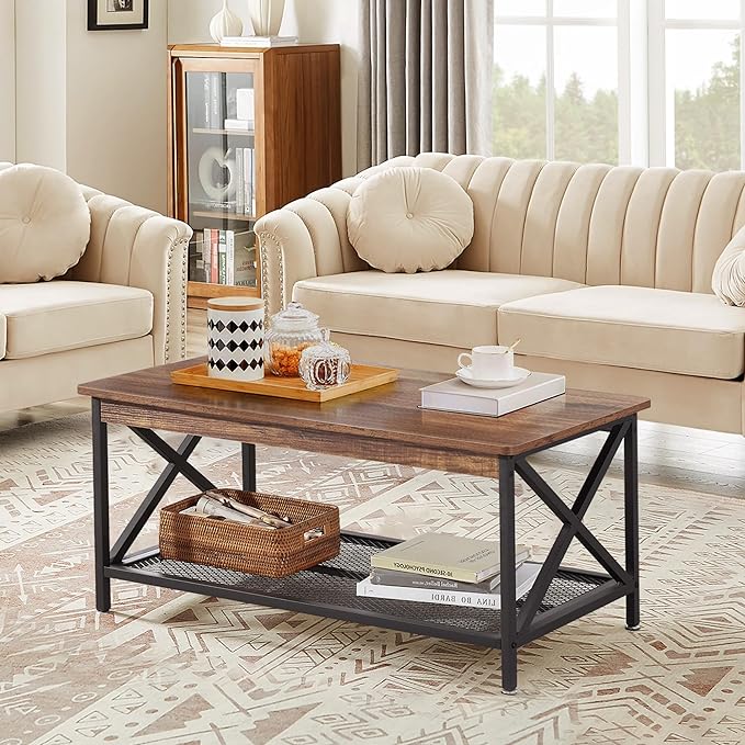 VECELO Coffee Center Table with Storage Shelf for Living Room Office Reception, Rectangle, Brown - LeafyLoom