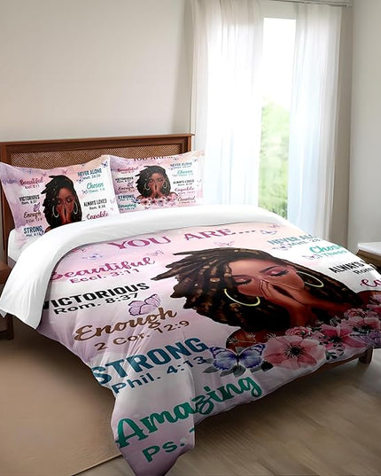 Kids Comforter Sets Queen Size, Prayer Girl and African American Girl Inspirational Quotes with Floral Butterfly, Teens Bedding Sets for Girls Women (Queen, Pink White) - LeafyLoom