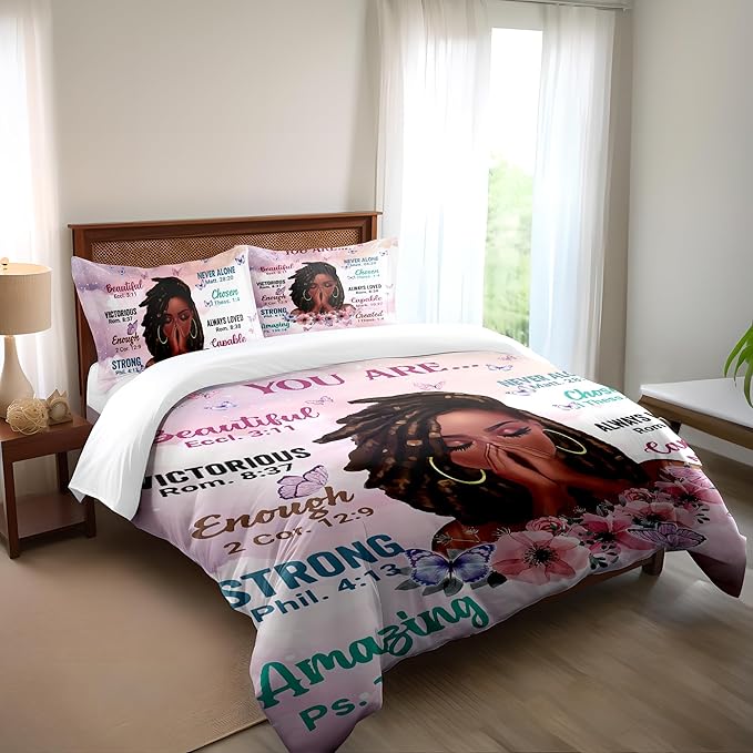 Kids Comforter Sets Queen Size, Prayer Girl and African American Girl Inspirational Quotes with Floral Butterfly, Teens Bedding Sets for Girls Women (Queen, Pink White) - LeafyLoom