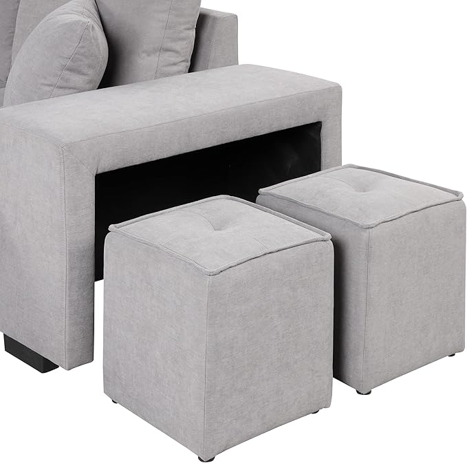 L Shaped Reversible Sleeper Sectional Sofa Pull Out Couch Bed with Storage Chaise Lounge and 2 Stools, Button Tufted Chenille Upholstered Convertible Pullout Sofabed for Living Room Office - LeafyLoom