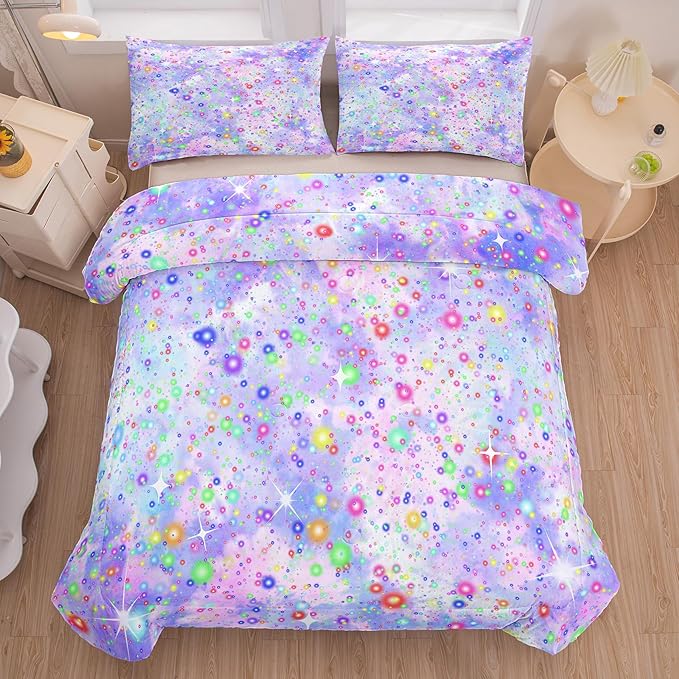 Girls Queen Comforter Set, Purple Blue Tie Dye Comforter, Colorful Glitter Comforter Set, Girls Bedding Sets for Kids Teens (3 Pieces, 1 Comforter + 2 Pillowcases) - LeafyLoom