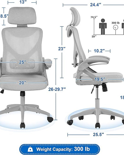 Yaheetech Ergonomic Mesh Office Chair, High Back Desk Chair with with flip-up Armrests, Adjustable Padded Headrest Computer Chair with Lumbar Support for Home Oiffce Game Room, Full Gray - LeafyLoom