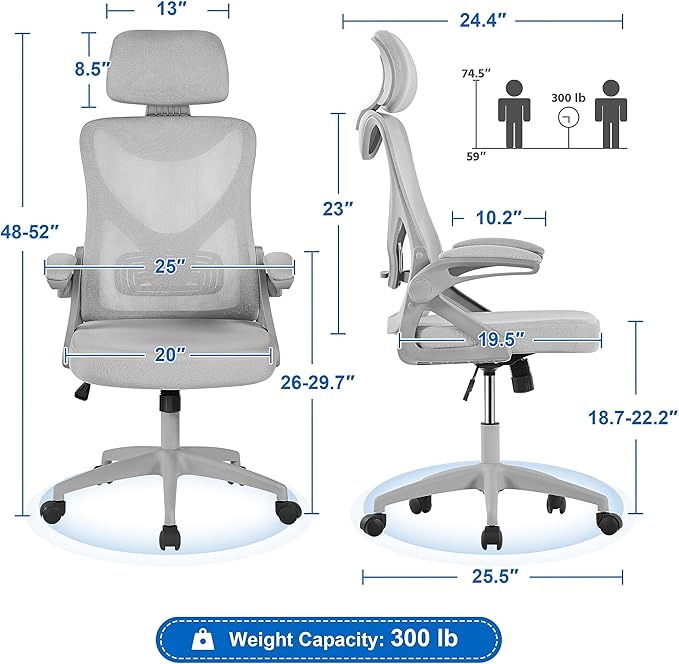 Yaheetech Ergonomic Mesh Office Chair, High Back Desk Chair with with flip-up Armrests, Adjustable Padded Headrest Computer Chair with Lumbar Support for Home Oiffce Game Room, Full Gray - LeafyLoom