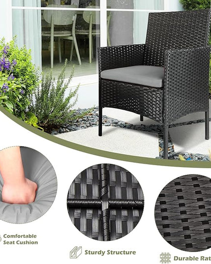 Patio Furniture Set 3 Pieces All-Weather Rattan Outdoor Furniture Patio Chairs with Tempered Glass Table for Porch Bistro Balcony Bistro Set(Black/Grey-2) - LeafyLoom