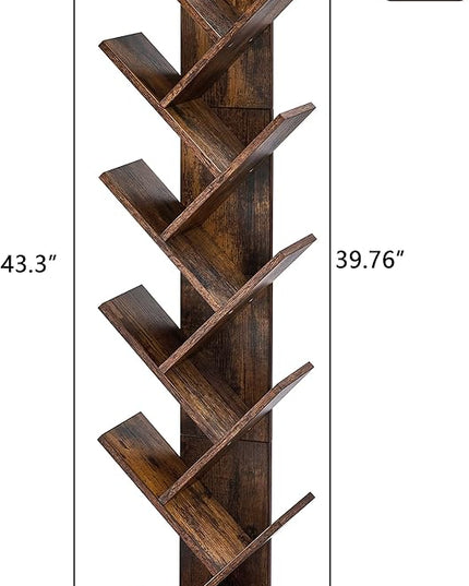 Hoctieon 10 Tier Tree Bookshelf, 10 Shelf Bookcase, Free Standing Tree Bookcase, Display Floor Standing Shelf for Books, Book Shelf Organizer, Rustic Brown - LeafyLoom