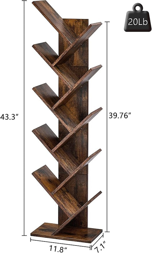Hoctieon 10 Tier Tree Bookshelf, 10 Shelf Bookcase, Free Standing Tree Bookcase, Display Floor Standing Shelf for Books, Book Shelf Organizer, Rustic Brown - LeafyLoom