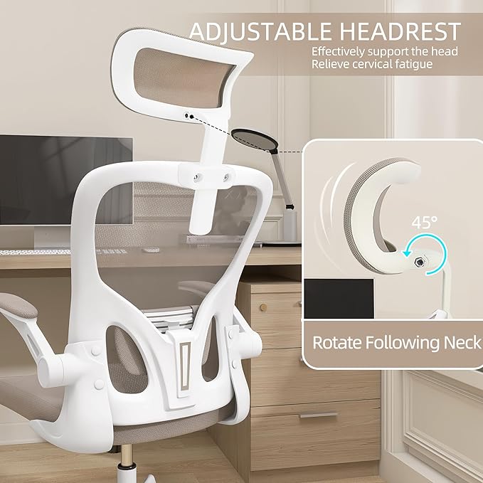 Ergonomic Office Chair, High Back Mesh Computer Desk Chair with Flip-up Arms, Adjustable Lumbar Support & Headrest, Swivel Rolling Task Chair for Home Office, Bedroom, Study, College Dorm khaki - LeafyLoom