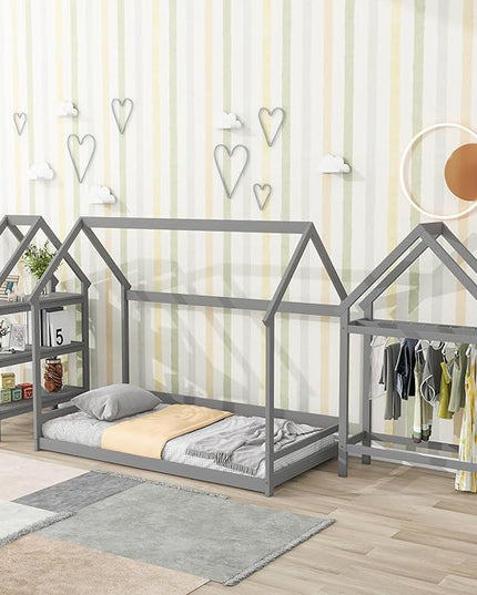 Twin Size Wood House Bed,Wood Platform Bed with Storage Shelves and Hanger,Floor Twin Size Montessori Bed Frame, Kids Boys Girls Bedroom,Living Room,No Box Spring Required,Grey - LeafyLoom