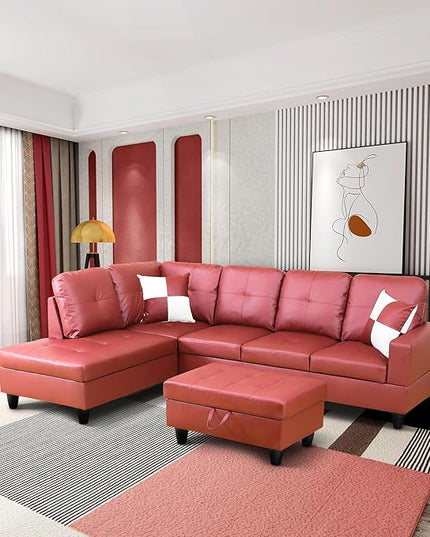 ROOMTEC Button L Shape 3 Piece Sectional Sofa Set, Upholstered Corner Couch with Storage Ottoman, Faux Leather Tufted Cushions, for Living Room, Apartment, Red, 103inch, Pink w/Left Chaise Lounge - LeafyLoom