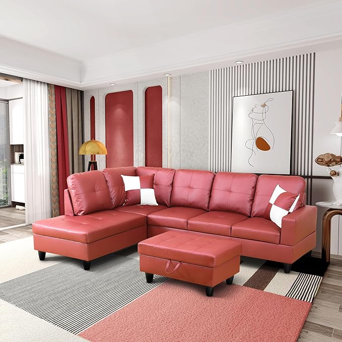 ROOMTEC Button L Shape 3 Piece Sectional Sofa Set, Upholstered Corner Couch with Storage Ottoman, Faux Leather Tufted Cushions, for Living Room, Apartment, Red, 103inch, Pink w/Left Chaise Lounge - LeafyLoom