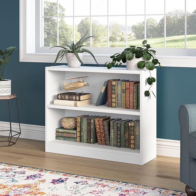 Bush Furniture Universal Small 2 Shelf Bookcase in White, Low Bookshelf for Living Room, Personal Home Office, or Professional Workspace - LeafyLoom