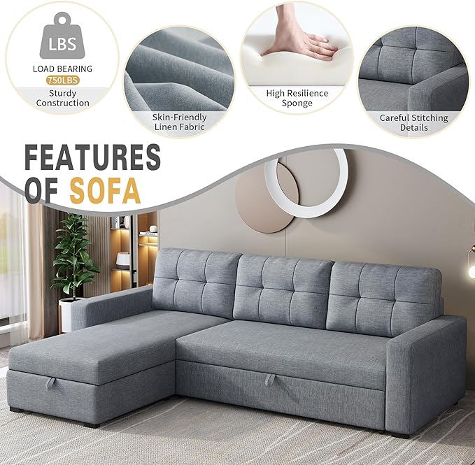 81.5" Sectional Sleeper Sofa with Storage Chaise, L Shaped Pull Out Couch Bed with 3 Removable Back Cushion for Living Room,Apartment,Office,Light Grey - LeafyLoom