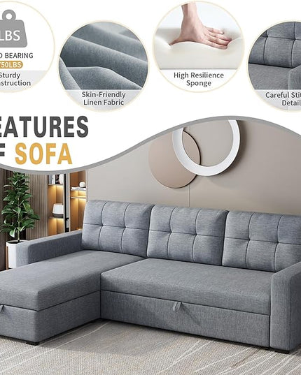 Ball & Cast 81.5'' L-Shape Convertible Sleeper Sofa,Sectional Living Room,with Pull Out Bed and Storage Recliner,Reversible Couch for Bedroom,Office, Light Grey - LeafyLoom