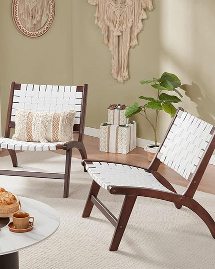 Beech Modern Leather Accent Chairs for Living Room,Mid Century Lounge Chair,Side Brown Leather Chair Indoor Boho Scandinavian Cognac Woven Rattan Faux Leather Accent Chair - LeafyLoom