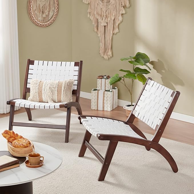 Beech Modern Leather Accent Chairs for Living Room,Mid Century Lounge Chair,Side Brown Leather Chair Indoor Boho Scandinavian Cognac Woven Rattan Faux Leather Accent Chair - LeafyLoom