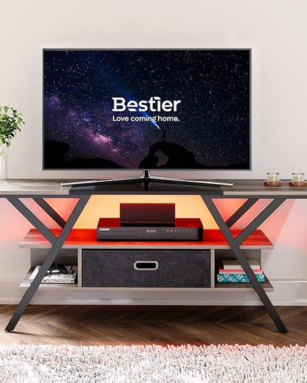 Bestier LED TV Stand for Bedroom TV Entertainment Center 55 inch for TV up to 65 in, Gaming TV Console W/Fabric Drawer Storage for Living Room with LED Lights 20 Modes, Wash Gray - LeafyLoom