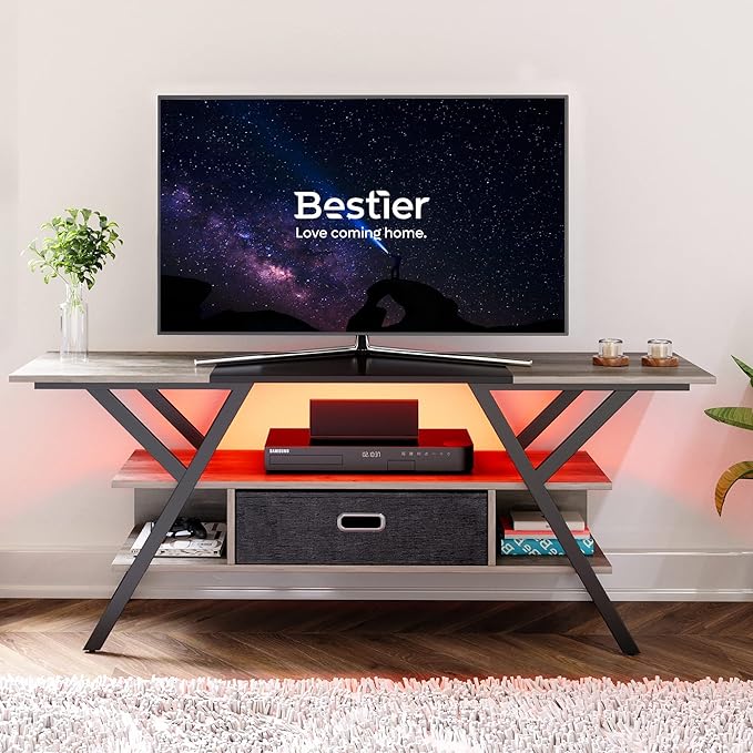 Bestier LED TV Stand for Bedroom TV Entertainment Center 55 inch for TV up to 65 in, Gaming TV Console W/Fabric Drawer Storage for Living Room with LED Lights 20 Modes, Wash Gray - LeafyLoom