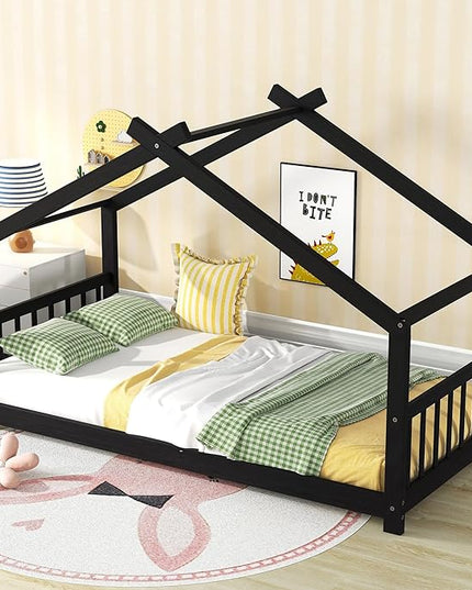 Montessori Floor Bed Frame Twin Size, Twin Floor Bed Frame with Headboard, Footboard and Slats, Wood Montessori Bed Frame/Montessori House Bed for Kids, Girls, Boys(Espresso) - LeafyLoom