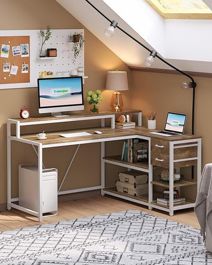 Reversible L-Shaped Computer Desk with hutch & Shelf,white - LeafyLoom