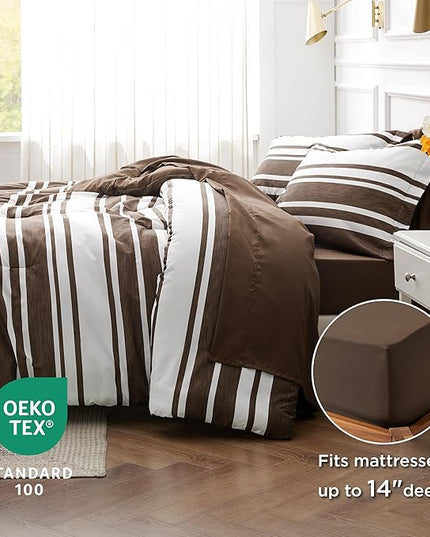 Bedsure Bed in a Bag California King Size 7-Piece Brown White Striped Bedding Comforter Sets All Season Bed Set, 2 Pillow Shams, Flat Sheet, Fitted Sheet and 2 Pillowcases - LeafyLoom