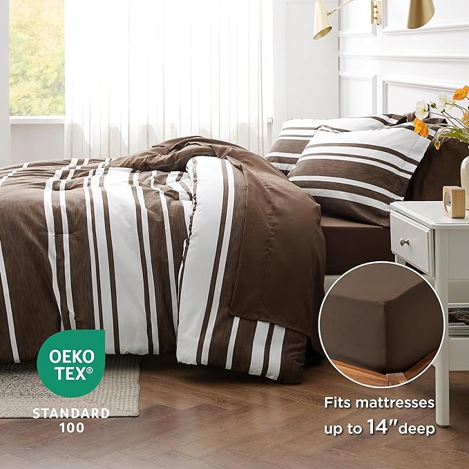 Bedsure Bed in a Bag King Size 7-Piece Brown White Striped Bedding Comforter Sets All Season Bed Set, 2 Pillow Shams, Flat Sheet, Fitted Sheet and 2 Pillowcases - LeafyLoom
