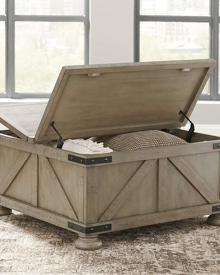 Signature Design by Ashley Aldwin Farmhouse Square Coffee Table with Lift Top for Storage, Grayish Brown, 36 in x 36 in x 18 in - LeafyLoom