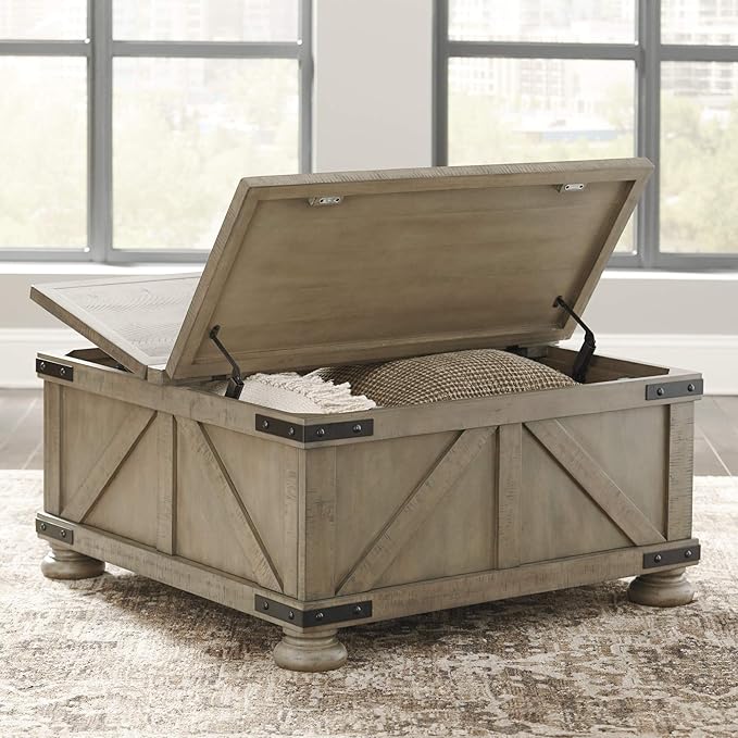 Signature Design by Ashley Aldwin Farmhouse Square Coffee Table with Lift Top for Storage, Grayish Brown, 36 in x 36 in x 18 in - LeafyLoom
