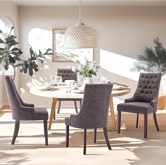 COLAMY Wingback Upholstered Dining Chairs Set of 2, Fabric Side Dining Room Chairs with Tufted Button, Living Room Chairs for Home Kitchen- Brown - LeafyLoom