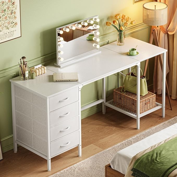 63 Inch Computer Desk with 4 Drawers, Office Desk with Mesh Shelf, Gaming Desk, Large Storage, Writing Desk Work Desk for Home Office, Study, Bedroom, Work from Home, White - LeafyLoom