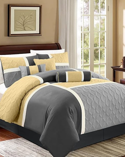 Chezmoi Collection Upland 7-Piece Quilted Patchwork Comforter Set, Yellow/Charcoal/Gray, King - LeafyLoom