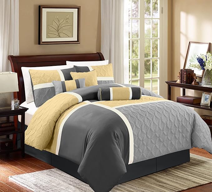 Chezmoi Collection Upland 7-Piece Quilted Patchwork Comforter Set, Yellow/Charcoal/Gray, King - LeafyLoom