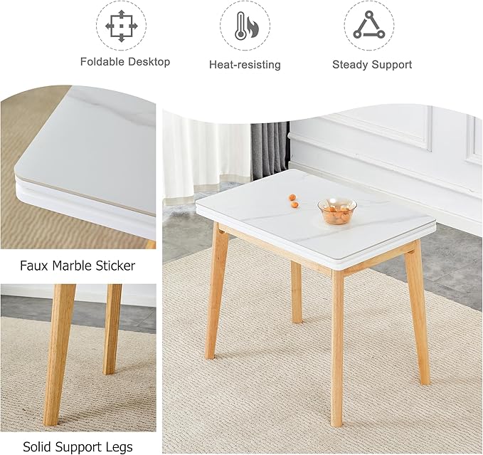 NicBex 47.2Inch Folding Dining Table,Modern Kitchen Table with White Sintered Stone Tabletop and Rubber Wooden Legs for 4 to 6,Large Dining Room Table for Kitchen,Meeting Living Room,Space-Saving,Wood - LeafyLoom