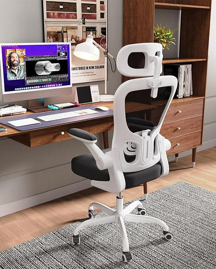 Ergonomic Office Chair, High Back Home Desk Chair with Adjustable Lumbar Support and Headrest, Breathable Mesh Swivel Task Chair, White Executive Computer Chair, 1 Pack - LeafyLoom