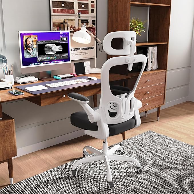 Ergonomic Office Chair, High Back Home Desk Chair with Adjustable Lumbar Support and Headrest, Breathable Mesh Swivel Task Chair, White Executive Computer Chair, 1 Pack - LeafyLoom