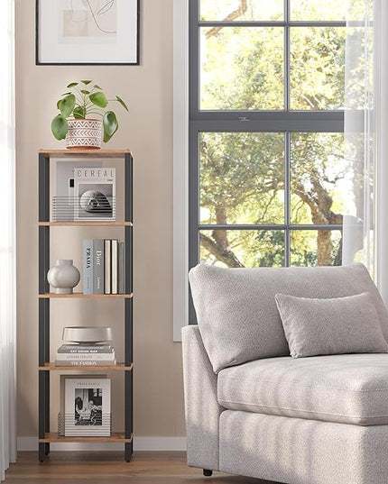 TUTOTAK Bookshelf, 5-Tier Tall Book Shelf, Narrow Bookcase for Small Space, DIY Stackable Bookshelf, for Living Room, Office, Study, Entryway, Industrial, Rustic Brown and Black BS01BB005 - LeafyLoom
