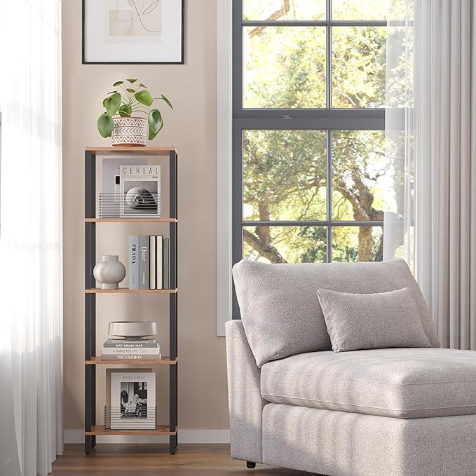TUTOTAK Bookshelf, 5-Tier Tall Book Shelf, Narrow Bookcase for Small Space, DIY Stackable Bookshelf, for Living Room, Office, Study, Entryway, Industrial, Rustic Brown and Black BS01BB005 - LeafyLoom