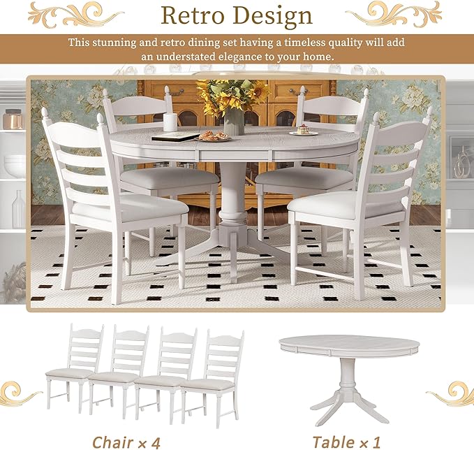 5 Pieces Kitchen & Dining 4 with Round Extendable Table and Four Upholstered Chairs, Retro Rustic Style Home Furniture Tαble Sets Breakfast Corner for Small Spaces, Living Room, Antique White - LeafyLoom