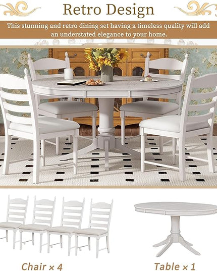 5-Piece Round Extendable Dining Set, Included Solid Wood 42"-58'' Adjustable Tables and 4 Upholstered Chairs, Retro Functional Dinette Furniture for Kitchen Living Room, Antique White - LeafyLoom