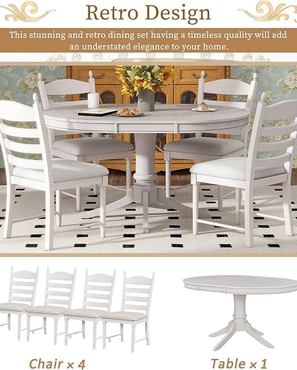 NicBex Round Dining Table Kitchen & Dining Room Tables 5-Piece Retro Functional Dining Table Set Wood Round Extendable Dining Table and 4 Upholstered Dining Chairs, Antique White - LeafyLoom