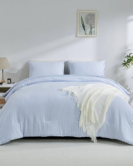 ENCOFT Light Blue Comforters King Size, 3 Piece White and Blue Striped Comforter Set, Soft Microfiber Lightweight Boho Comforter Bedding Set for All Seasons, with 2 Pillowcases, 104x90 Inches - LeafyLoom