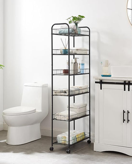 Slim Rolling Storage Cart, 6 Tier Utility Carts with Wheels and Baskets, Mobile Shelving Unit, Metal Wire Storage Shelving Rack with for Kitchen Bathroom Office Laundry Narrow Space - Black 10in - LeafyLoom
