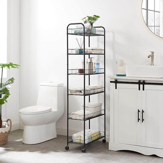 Slim Rolling Storage Cart, 6 Tier Utility Carts with Wheels and Baskets, Mobile Shelving Unit, Metal Wire Storage Shelving Rack with for Kitchen Bathroom Office Laundry Narrow Space - Black 10in - LeafyLoom
