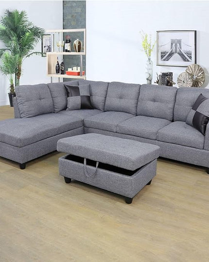 ROOMTEC Modern L Shaped Sectional Sofa Set with Storage Ottoman, Left Facing Chaise Longue, Reversible Backrest w/ 2 Cup Holders, Linen Tufted Cushions, for Living Room, Grey - LeafyLoom