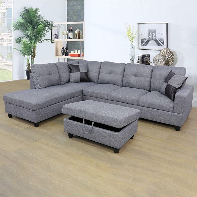 ROOMTEC Modern L Shaped Sectional Sofa Set with Storage Ottoman, Left Facing Chaise Longue, Reversible Backrest w/ 2 Cup Holders, Linen Tufted Cushions, for Living Room, Grey - LeafyLoom