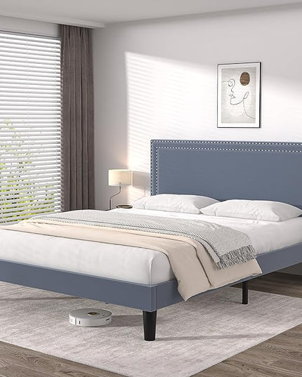 VECELO Queen Size Platform Bed Frame with Adjustable Upholstered Headboard, Modern Mattress Foundation,Strong Wood Slat Support, No Box Spring Needed, Easy Assembly - LeafyLoom