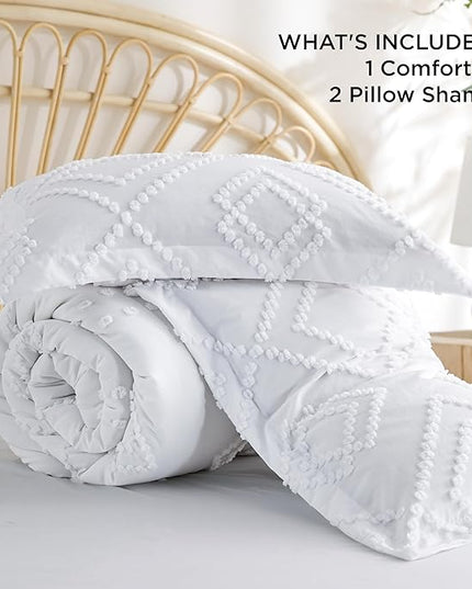 Bedsure Boho Comforter Set King - Linen Tufted Bedding Comforter Set, 3 Pieces Farmhouse Shabby Chic Embroidery Bedding Set, Soft Geometric Pattern Comforter for All Seasons - LeafyLoom