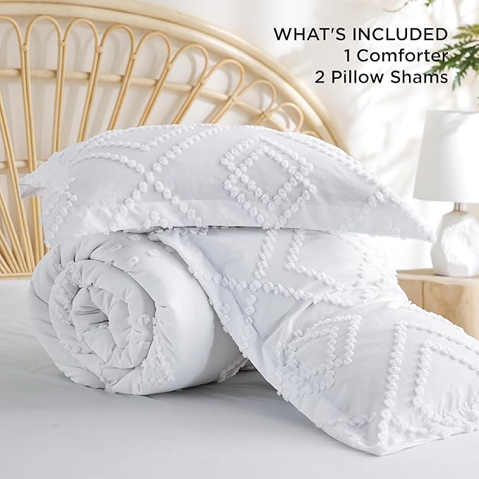 Bedsure Boho Comforter Set King - Linen Tufted Bedding Comforter Set, 3 Pieces Farmhouse Shabby Chic Embroidery Bedding Set, Soft Geometric Pattern Comforter for All Seasons - LeafyLoom