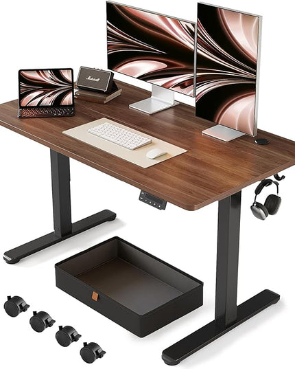 FEZIBO Standing Desk with Drawer, 48 x 24 Inches Adjustable Height Electric Stand up Desk with Storage, Sit Stand Home Office Desk, Black Walnut - LeafyLoom
